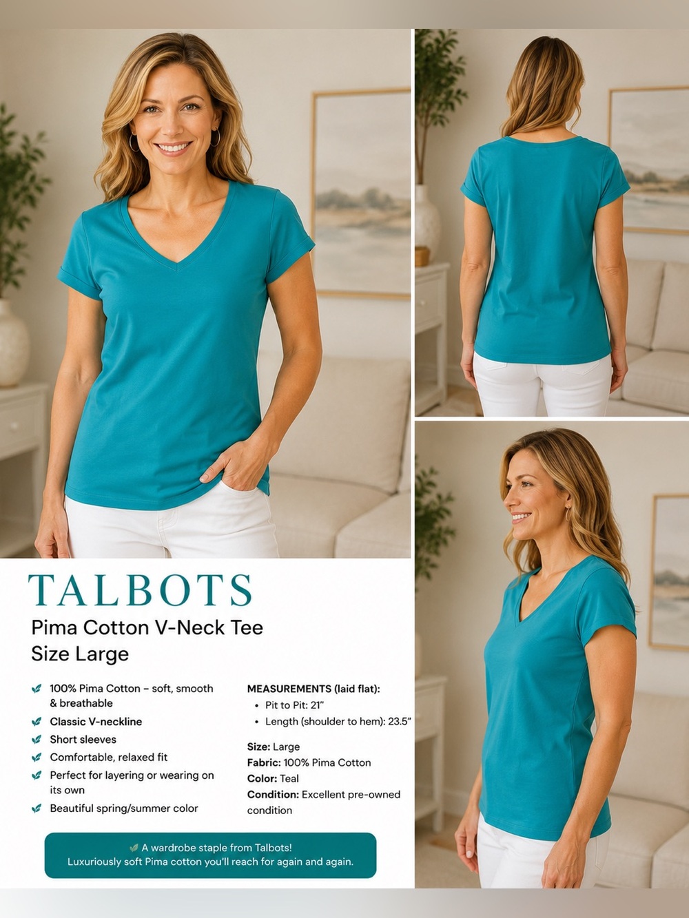 TALBOTS v-neck T-shirt size large. 100% Pima cotton. Turquoise color. Casual.
